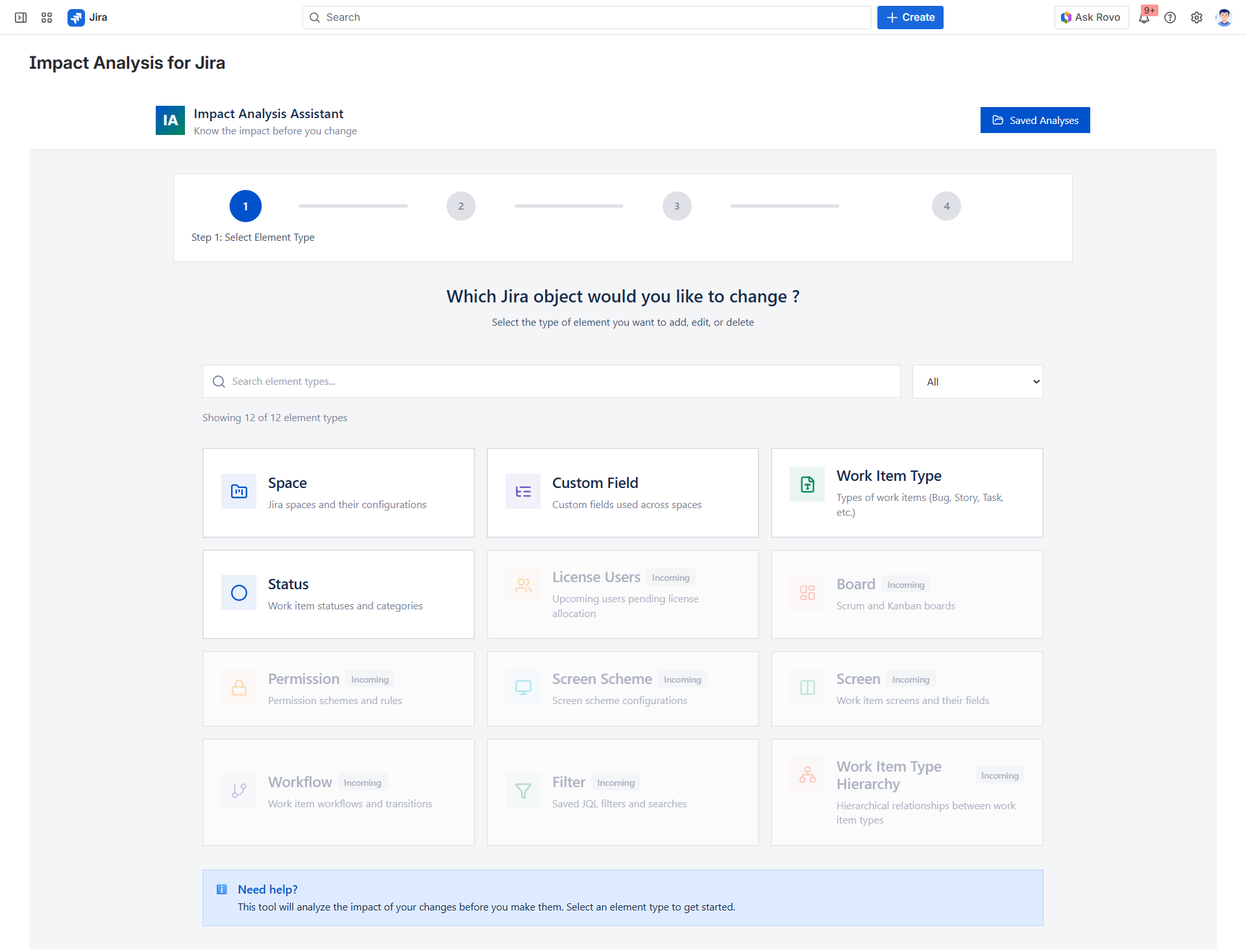 Step 1: choose element type in Impact Analysis for Jira